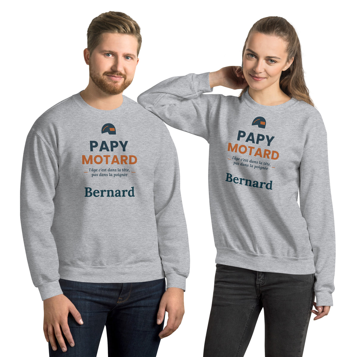 Sweat motard humour Papy Motard personnalisé avec prénom – coloris gris chiné