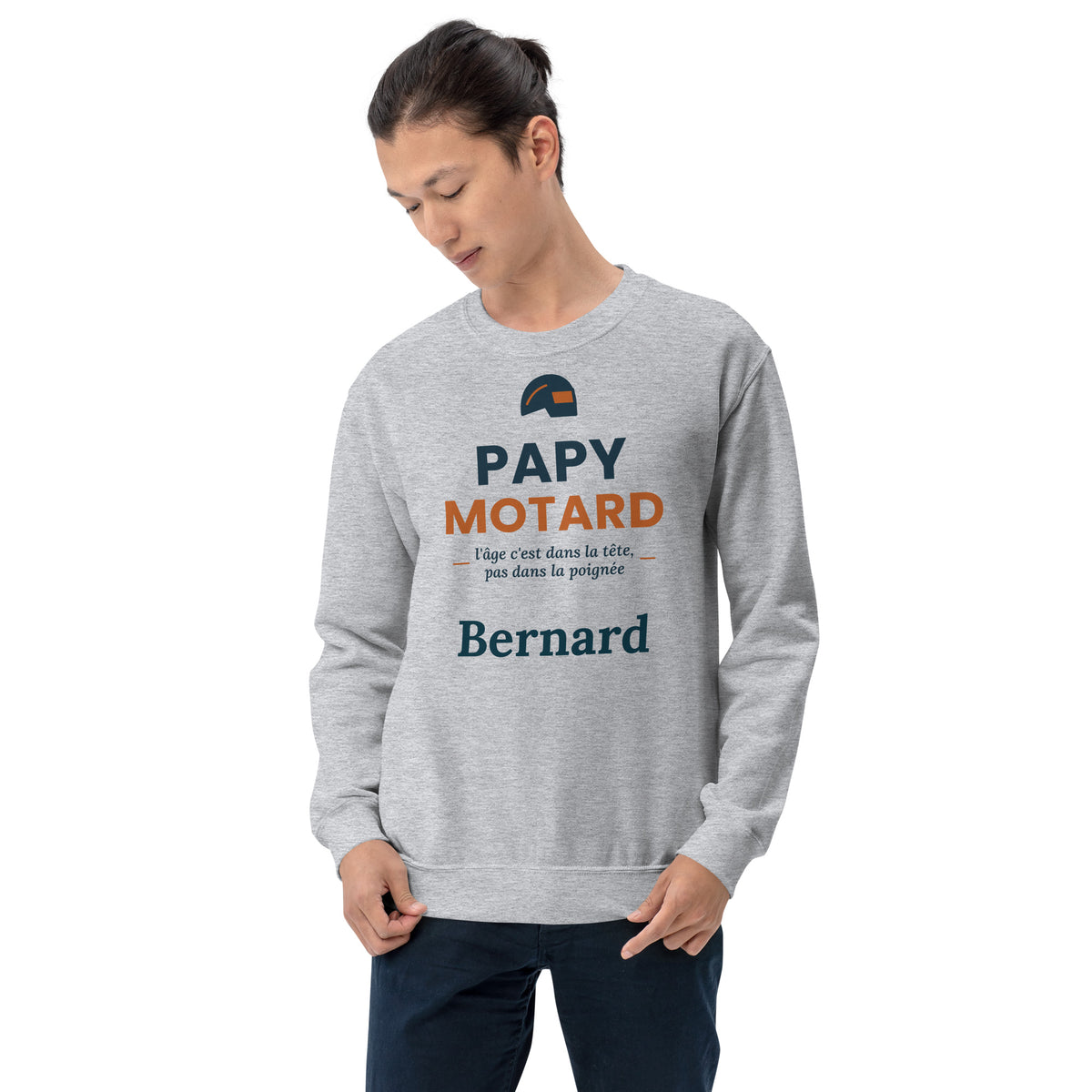 Sweat motard humour Papy Motard personnalisé avec prénom – coloris gris chiné, photo 4