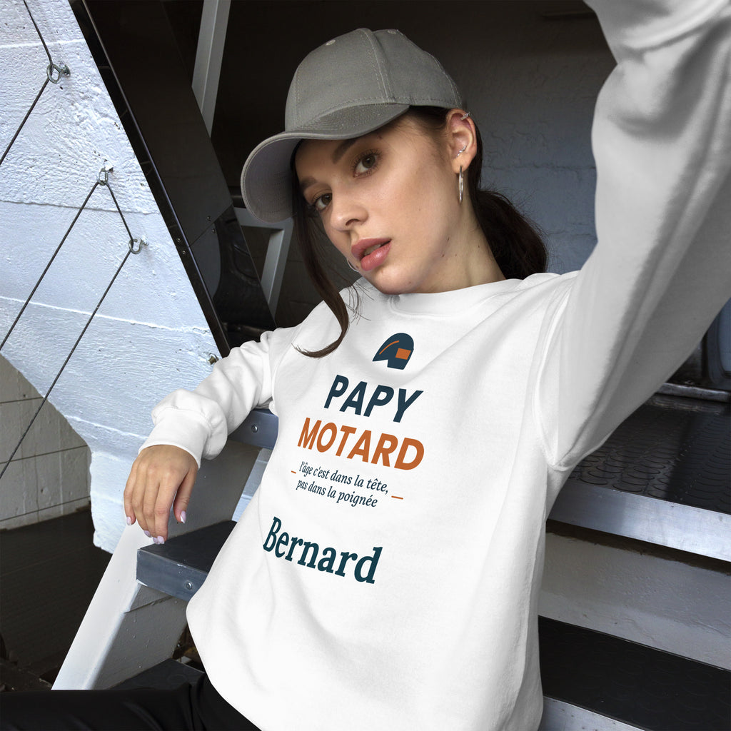 Sweat motard humour Papy Motard personnalisé avec prénom – coloris blanc, photo 2
