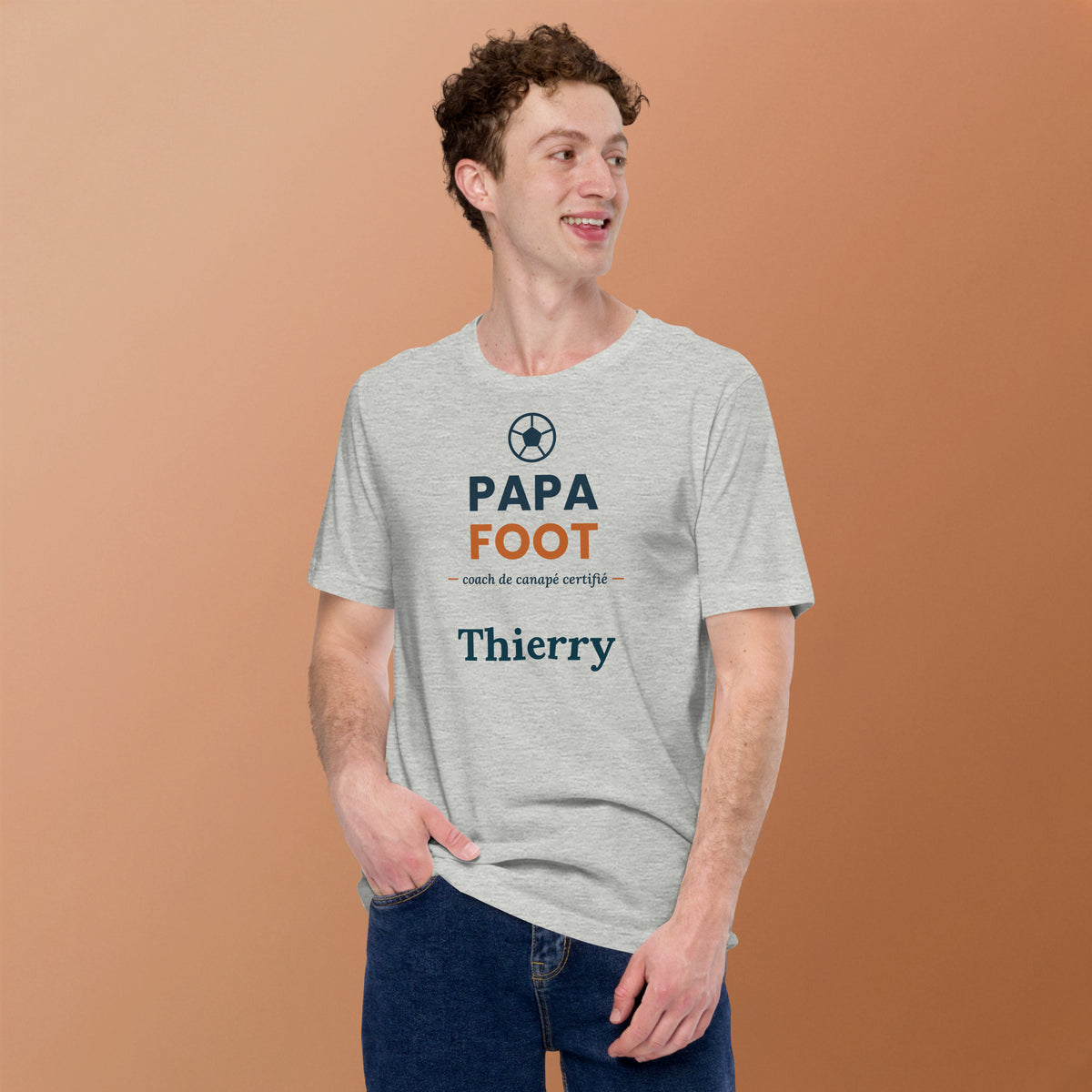 T-shirt foot humour Papa Foot coach de canapé personnalisé avec prénom – coloris gris chiné, photo 2