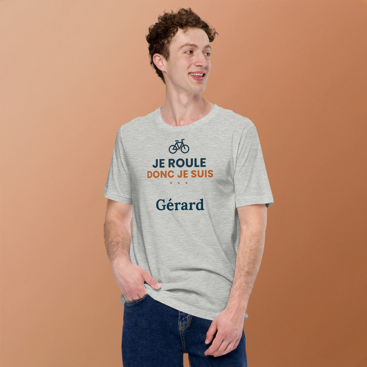 T-shirt vélo humour Je roule donc je suis personnalisé avec prénom – coloris gris chiné, photo 2