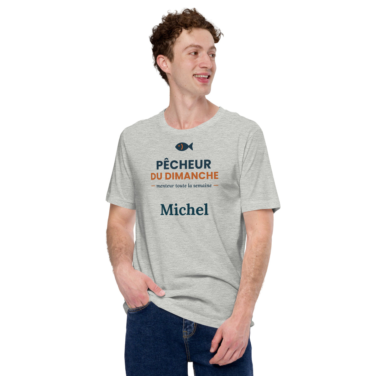 T-shirt humour pêche Pêcheur du dimanche personnalisé avec prénom – coloris gris chiné, photo 3