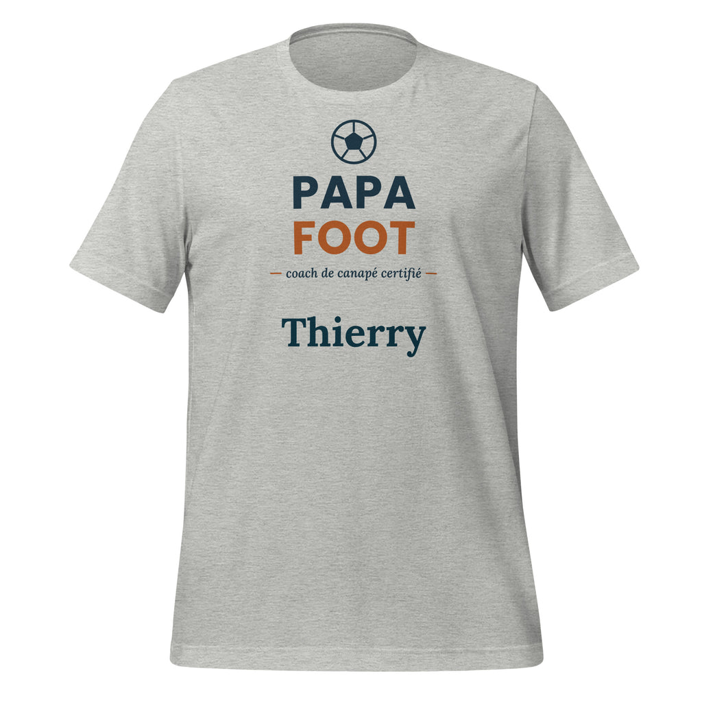 T-shirt foot humour Papa Foot coach de canapé personnalisé avec prénom – coloris gris chiné