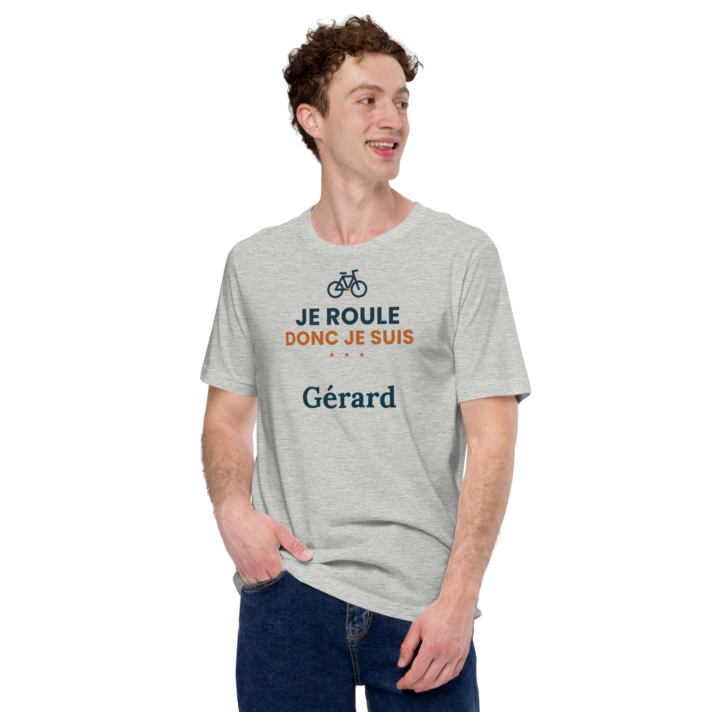 T-shirt vélo humour Je roule donc je suis personnalisé avec prénom – coloris gris chiné, photo 3