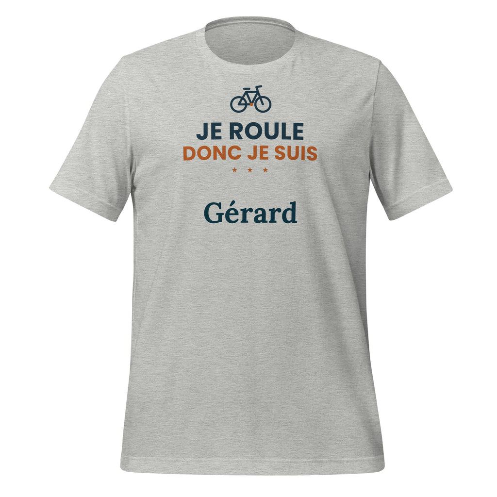 T-shirt vélo humour Je roule donc je suis personnalisé avec prénom – coloris gris chiné