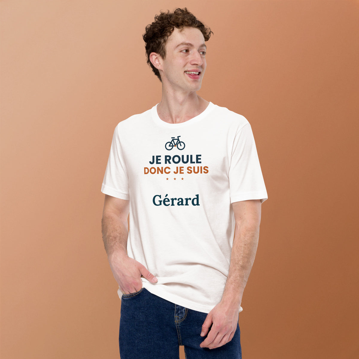 T-shirt vélo humour Je roule donc je suis personnalisé avec prénom – coloris blanc, photo 2