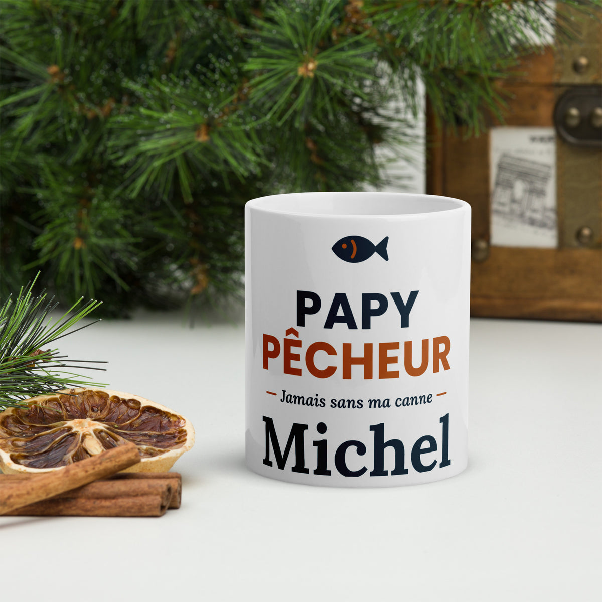 Mug céramique Papy Pêcheur Jamais sans ma canne avec prénom